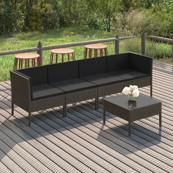vidaXL Set de muebles de jard&iacute;n 5 pzas y cojines rat&aacute;n sint&eacute;tico gris