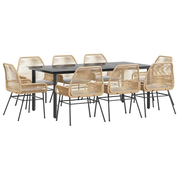 vidaXL Juego comedor jard&iacute;n 9 pzas cojines rat&aacute;n sint&eacute;tico marr&oacute;n