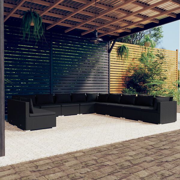 vidaXL Set muebles de jard&iacute;n 11 pzas y cojines rat&aacute;n sint&eacute;tico negro