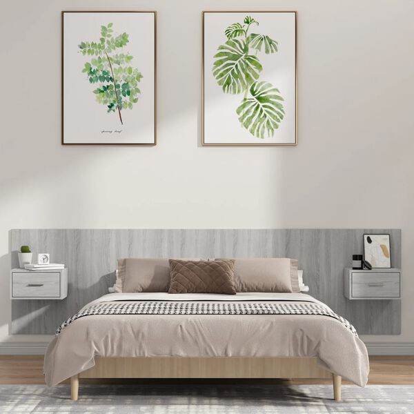 vidaXL Cabecero de cama y mesitas madera contrachapada gris Sonoma