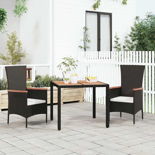 vidaXL Mesa de jardín ratán PE negro y superficie madera maciza acacia