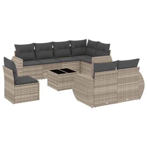 vidaXL Set muebles jard&iacute;n 9 pzas y cojines rat&aacute;n sint&eacute;tico gris claro