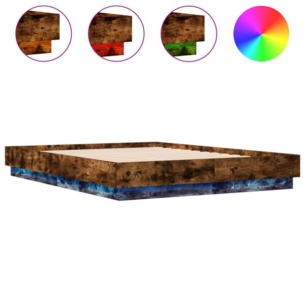 vidaXL Estructura de cama con luces LED roble ahumado 135x190 cm