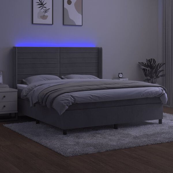 vidaXL Cama box spring colch&oacute;n y LED terciopelo gris claro 160x200 cm