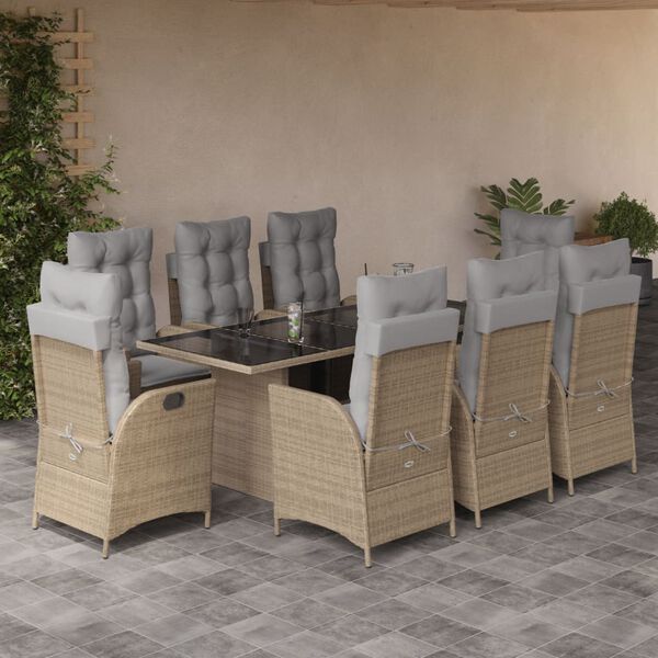 vidaXL Set comedor de jard&iacute;n 9 pzas con cojines rat&aacute;n sint&eacute;tico beige