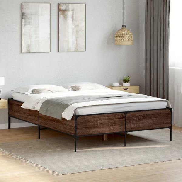 vidaXL Estructura cama madera ingenier&iacute;a metal marr&oacute;n roble 135x190 cm
