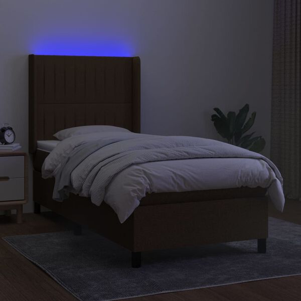 vidaXL Cama box spring colch&oacute;n luces LED tela marr&oacute;n oscuro 100x200cm