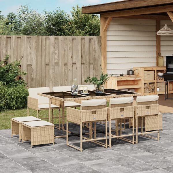 vidaXL Set comedor de jard&iacute;n 11 pzas con cojines rat&aacute;n sint&eacute;tico beige