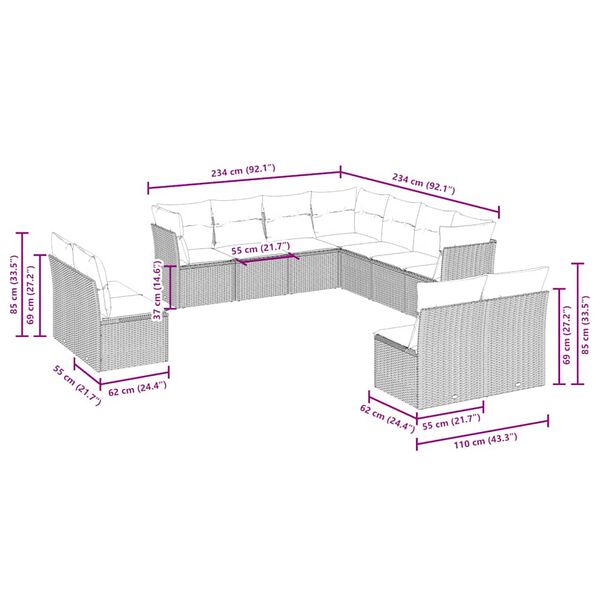 vidaXL Set de sofás de jardín 11 pzas y cojines ratán sintético gris