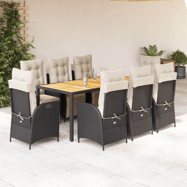vidaXL Set de comedor de jard&iacute;n 9 pzas y cojines rat&aacute;n sint&eacute;tico negro