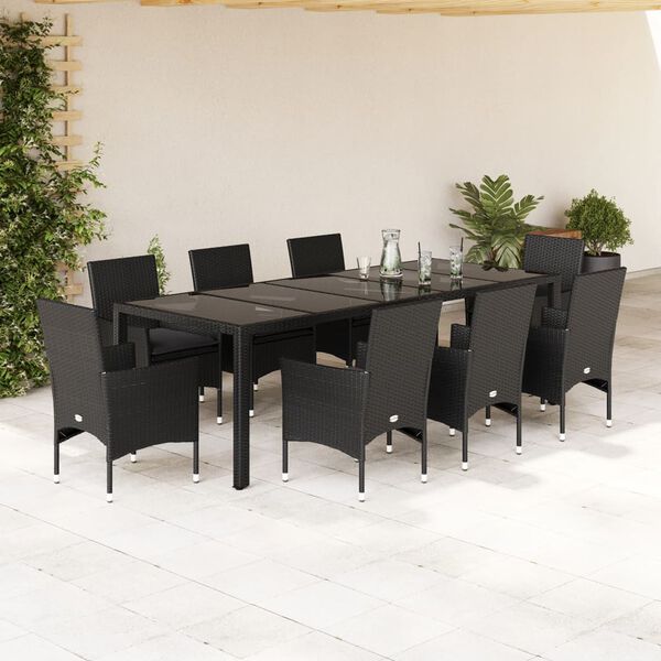 vidaXL Set comedor jard&iacute;n 9 pzas cojines rat&aacute;n sint&eacute;tico vidrio negro
