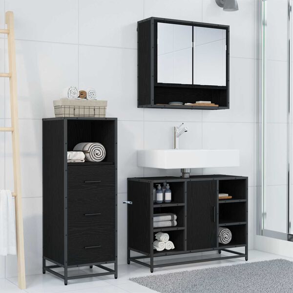 vidaXL Juego de muebles de ba&ntilde;o 3 pcs Roble Negro Madera de ingenier&iacute;a