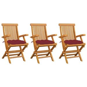 vidaXL Sillas plegables con cojines rojo vino, 3 piezas, madera maciza de teca.