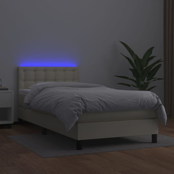 vidaXL Cama box spring y colch&oacute;n LED cuero sint&eacute;tico crema 90x190 cm
