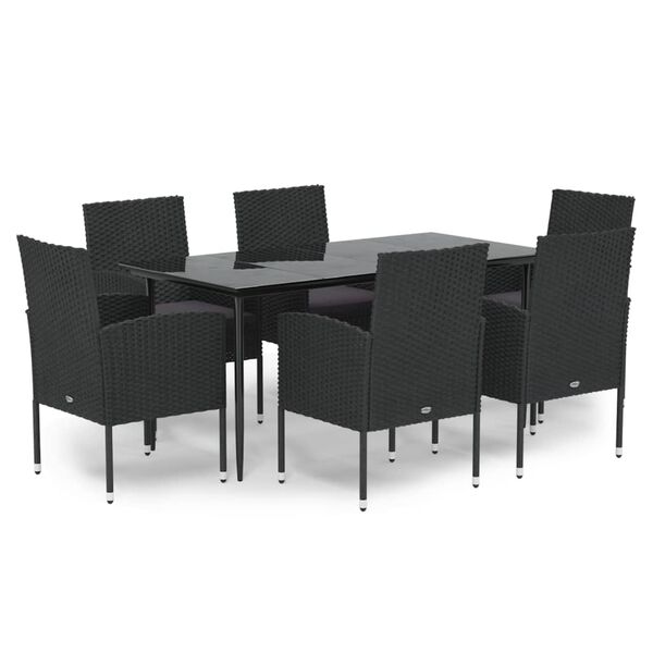 vidaXL Set de comedor de jard&iacute;n 7 pzas y cojines rat&aacute;n sint&eacute;tico negro