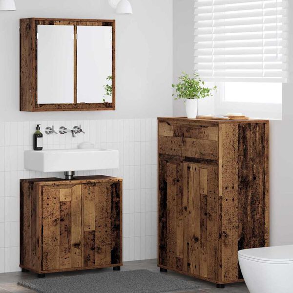 vidaXL Juego de muebles de ba&ntilde;o con caj&oacute;n con rueda 3 pcs Madera Vieja