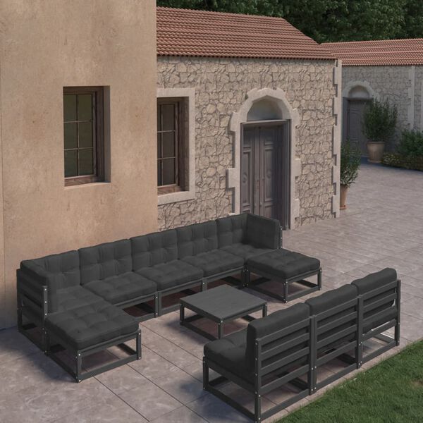 vidaXL Set de muebles de jard&iacute;n 10 pzas con cojines madera pino negro