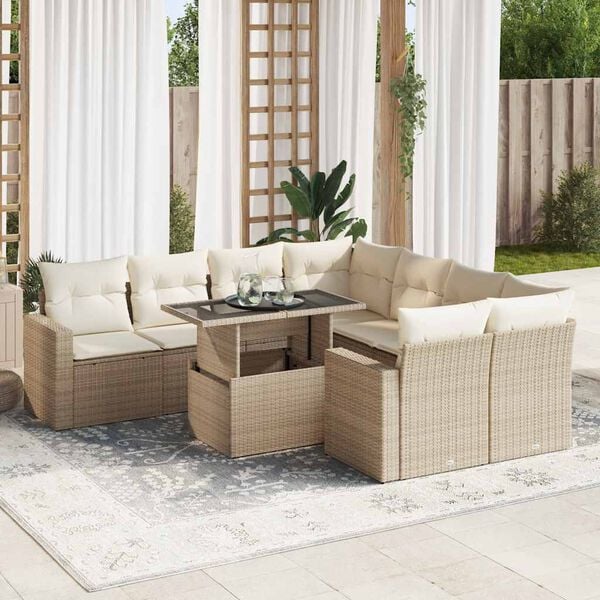 vidaXL Set de sof&aacute;s de jard&iacute;n con cojines 9 pzas rat&aacute;n sint&eacute;tico beige