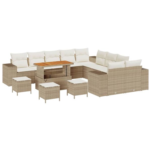 vidaXL Conjunto de sof&aacute; de jard&iacute;n 14 pcs Beige y Crema rat&aacute;n sint&eacute;tico