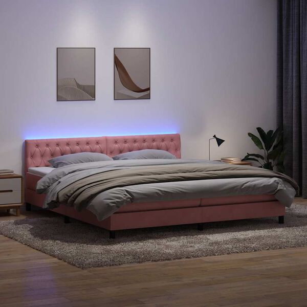 vidaXL Cama box spring con colch&oacute;n y LED terciopelo rosa 180x220 cm