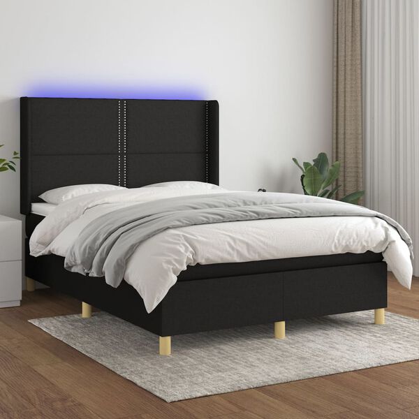 vidaXL Cama box spring colch&oacute;n y luces LED tela negro 140x200 cm