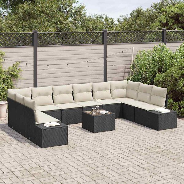 vidaXL Conjunto de sof&aacute; de jard&iacute;n con coj&iacute;n 11 pcs Negro y crema