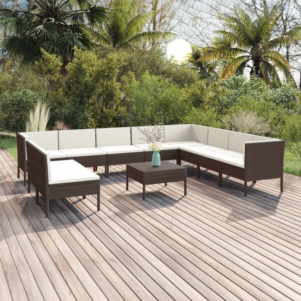 vidaXL Set muebles de jard&iacute;n 11 pzas y cojines rat&aacute;n sint&eacute;tico marr&oacute;n