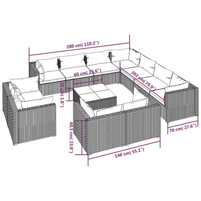 vidaXL Set de muebles de jardín 12 pzas y cojines ratán sintético gris