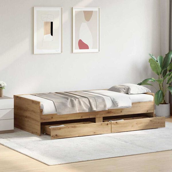 vidaXL Estructura de cama con caj&oacute;n Roble artesanal 90 x 200 cm