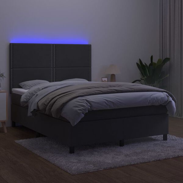 vidaXL Cama box spring colch&oacute;n y LED terciopelo gris oscuro 140x190 cm