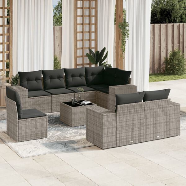 vidaXL Set de muebles de jardín 9 pzas y cojines ratán sintético gris