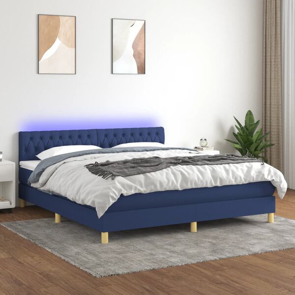 vidaXL Cama box spring con colch&oacute;n y LED tela azul 160x200 cm