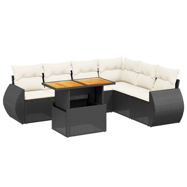 vidaXL Set de comedor de jard&iacute;n 7 pzas y cojines rat&aacute;n sint&eacute;tico negro