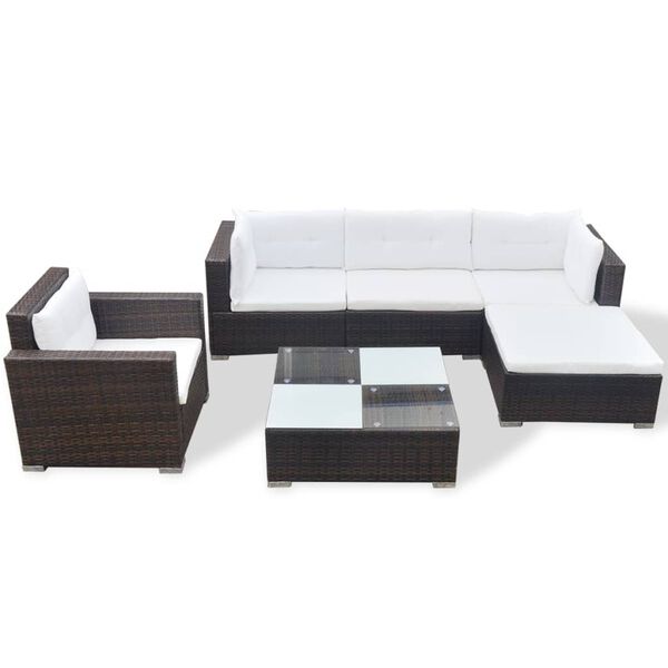 vidaXL Set muebles de jard&iacute;n 6 piezas y cojines rat&aacute;n sint&eacute;tico marr&oacute;n