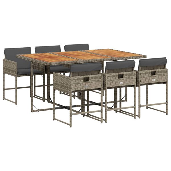 vidaXL Set comedor jard&iacute;n 7 pzas y cojines rat&aacute;n sint&eacute;tico gris