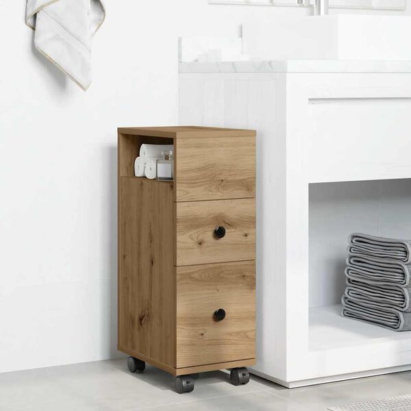 vidaXL Armario de ba&ntilde;o estrecho con ruedas madera roble artisian