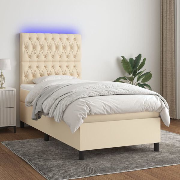 vidaXL Cama box spring colch&oacute;n y luces LED tela crema 90x200 cm
