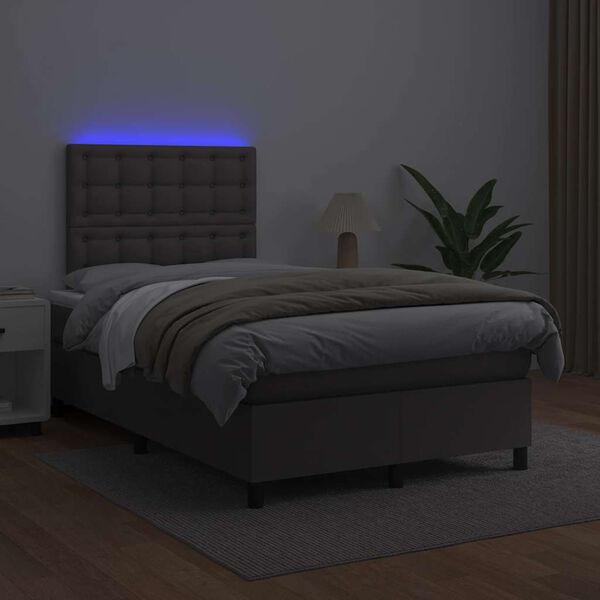 vidaXL Cama box spring con colch&oacute;n LED cuero sint&eacute;tico gris 120x190 cm
