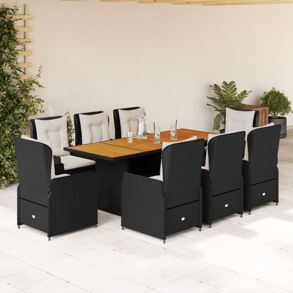 vidaXL Set de comedor de jard&iacute;n 9 pzas y cojines rat&aacute;n sint&eacute;tico negro
