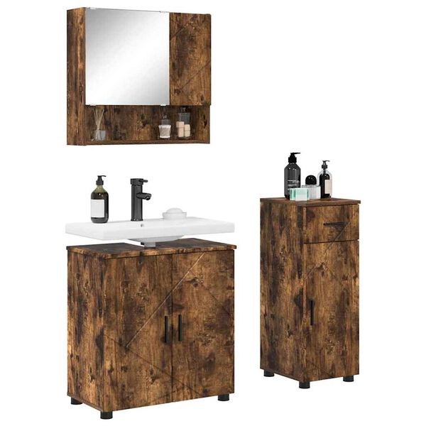 vidaXL Juego de muebles de ba&ntilde;o con caj&oacute;n 3 pcs Roble ahumado