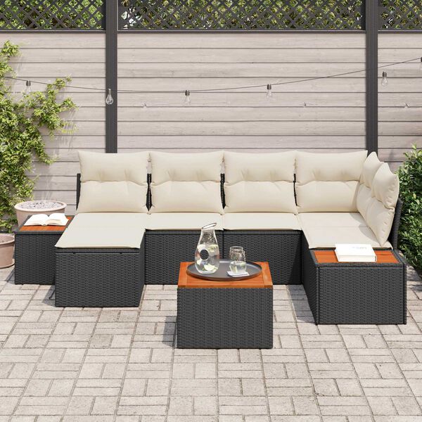 vidaXL Conjunto de sof&aacute;s de jard&iacute;n 7 pcs Negro y crema Rat&aacute;n sint&eacute;tico
