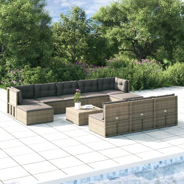 vidaXL Set de muebles de jard&iacute;n 10 pzas y cojines rat&aacute;n sint&eacute;tico gris