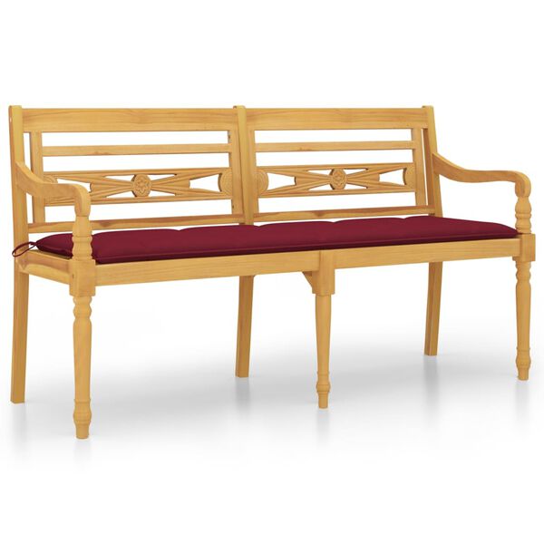 vidaXL Banco Batavia con coj&iacute;n rojo vino madera maciza de teca 150 cm
