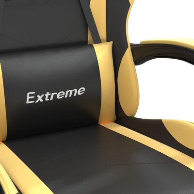 vidaXL Silla gaming giratoria reposapiés cuero sintético negro dorado