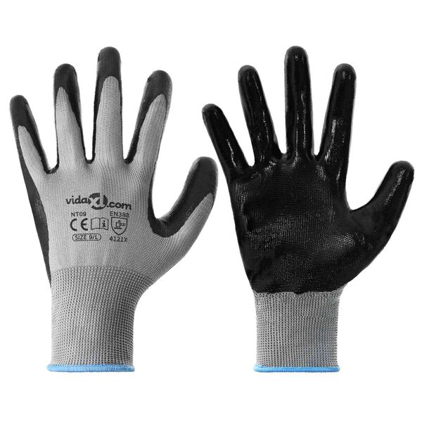 vidaXL Guantes de Trabajo 12 pcs Gris y Negro 9 / l Poli&eacute;ster