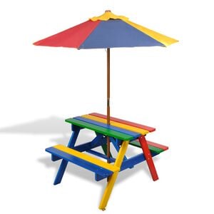 vidaXL Mesa de picnic y bancos de ni&ntilde;os y sombrilla madera multicolor