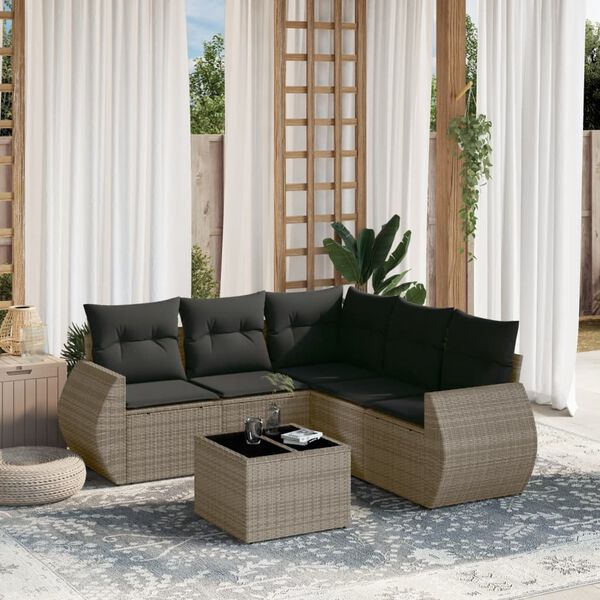 vidaXL Set de muebles de jard&iacute;n 6 pzas y cojines rat&aacute;n sint&eacute;tico gris