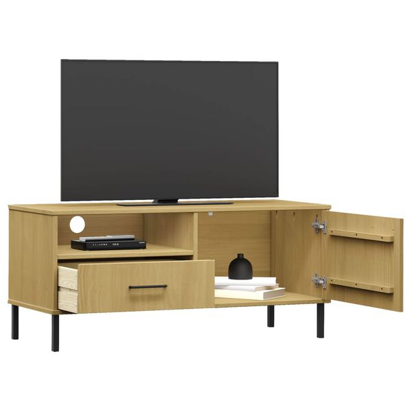 vidaXL Mueble de TV con patas de metal OSLO madera maciza pino marrón
