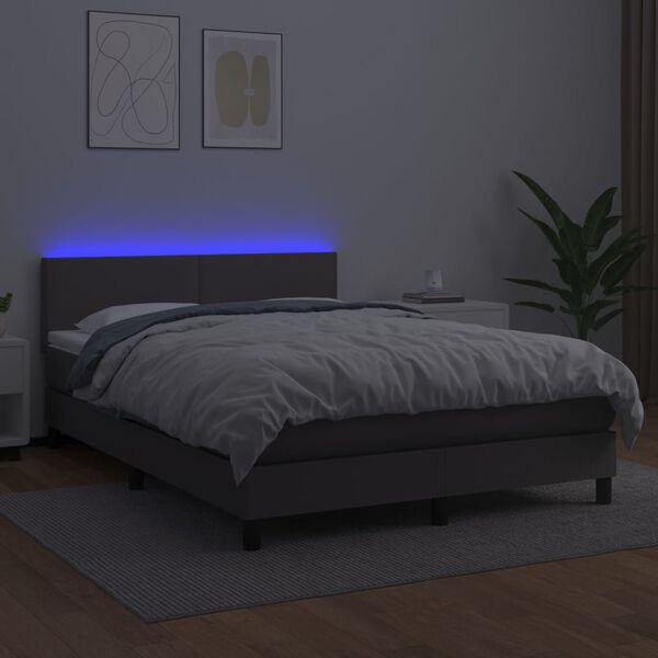 vidaXL Cama box spring colch&oacute;n y LED cuero sint&eacute;tico gris 140x200 cm