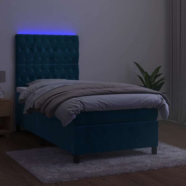 vidaXL Cama box spring colch&oacute;n y LED terciopelo azul oscuro 90x190 cm